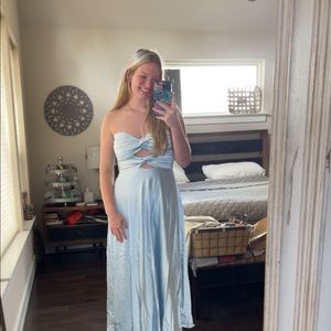 Almaeh midi/maxi dress- twist front cut out strapless slip dress in pale blue